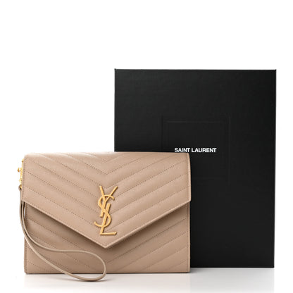 Saint Laurent Grain De Poudre Matelasse Chevron Monogram Envelope Clutch Dark Beige 10 of 10
