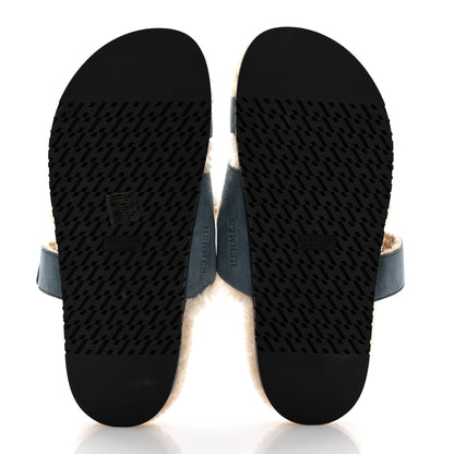 Hermes Suede Goatskin Woolskin Womens Chypre Sandals 40 Bleu Pinede Ecru 6 of 8