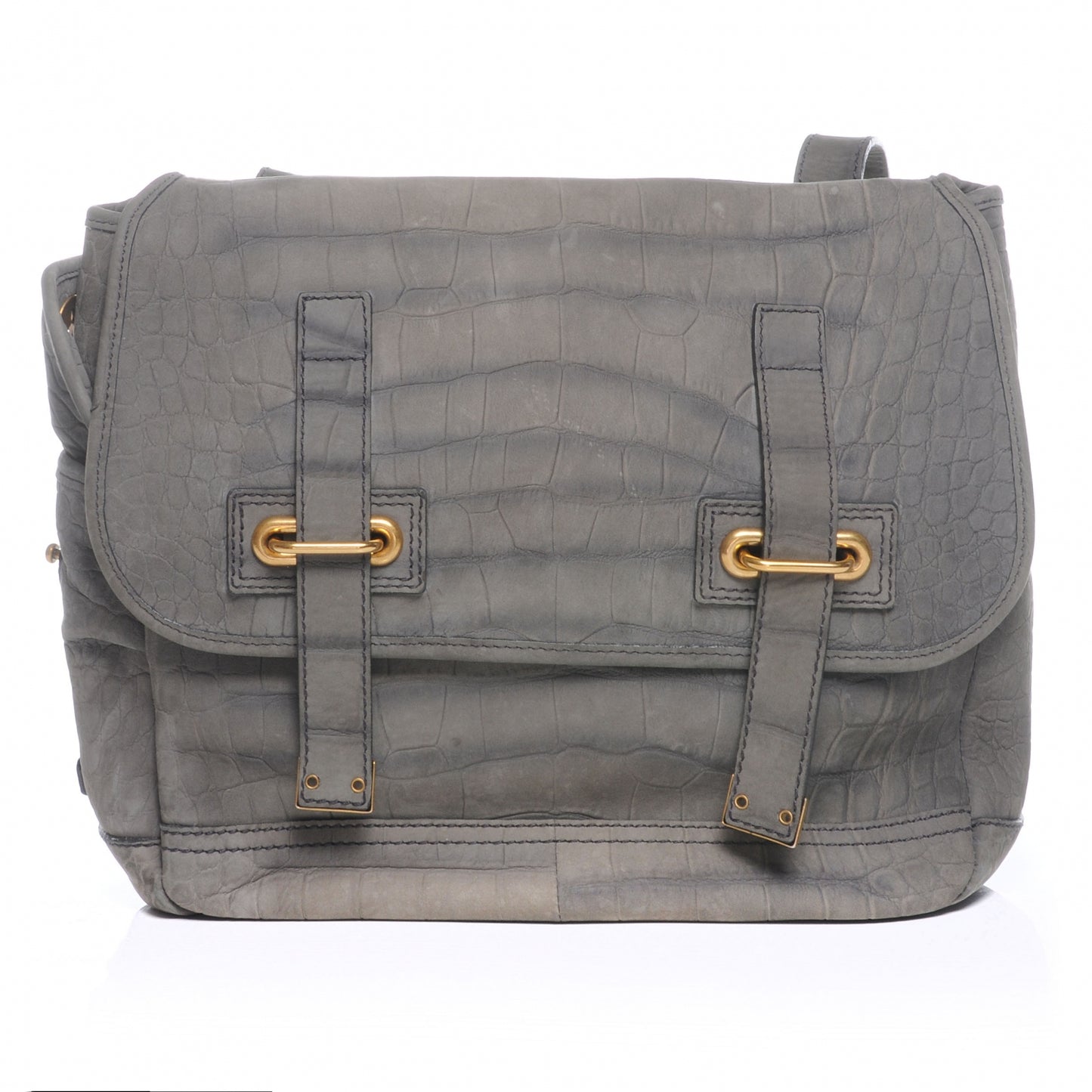 Crocodile Embossed Nubuck Besace Shoulder Bag Grey