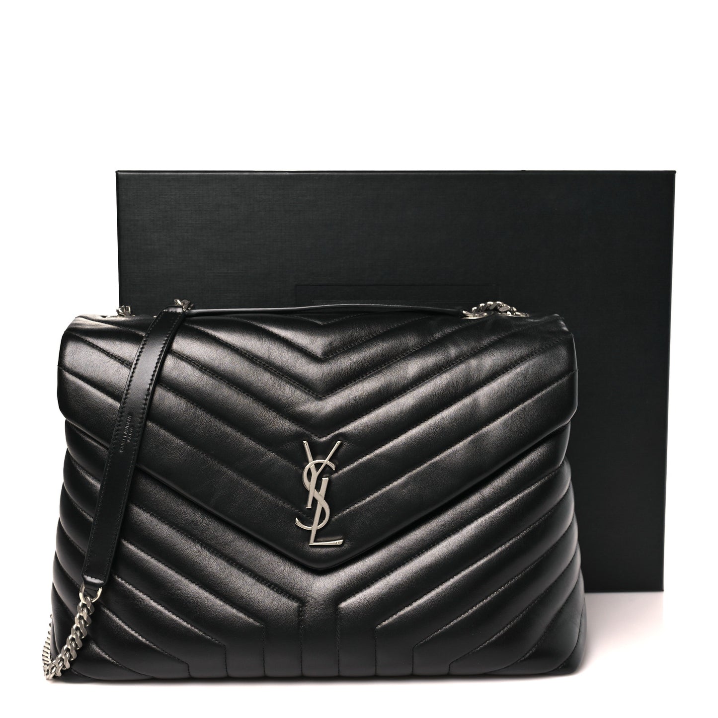 Calfskin Y Quilted Monogram Large Loulou Chain Satchel Black