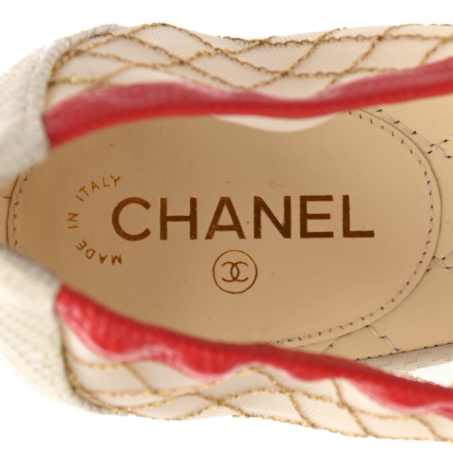 Lambskin Mesh Quilted CC Cap Toe Ballerina Flats 39.5 White Gold Red