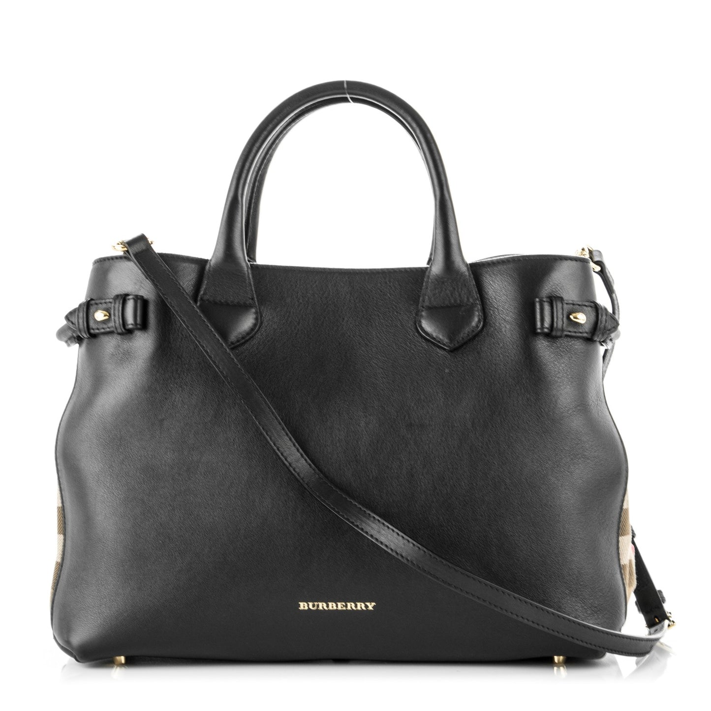 Calfskin House Check Medium Banner Tote Black