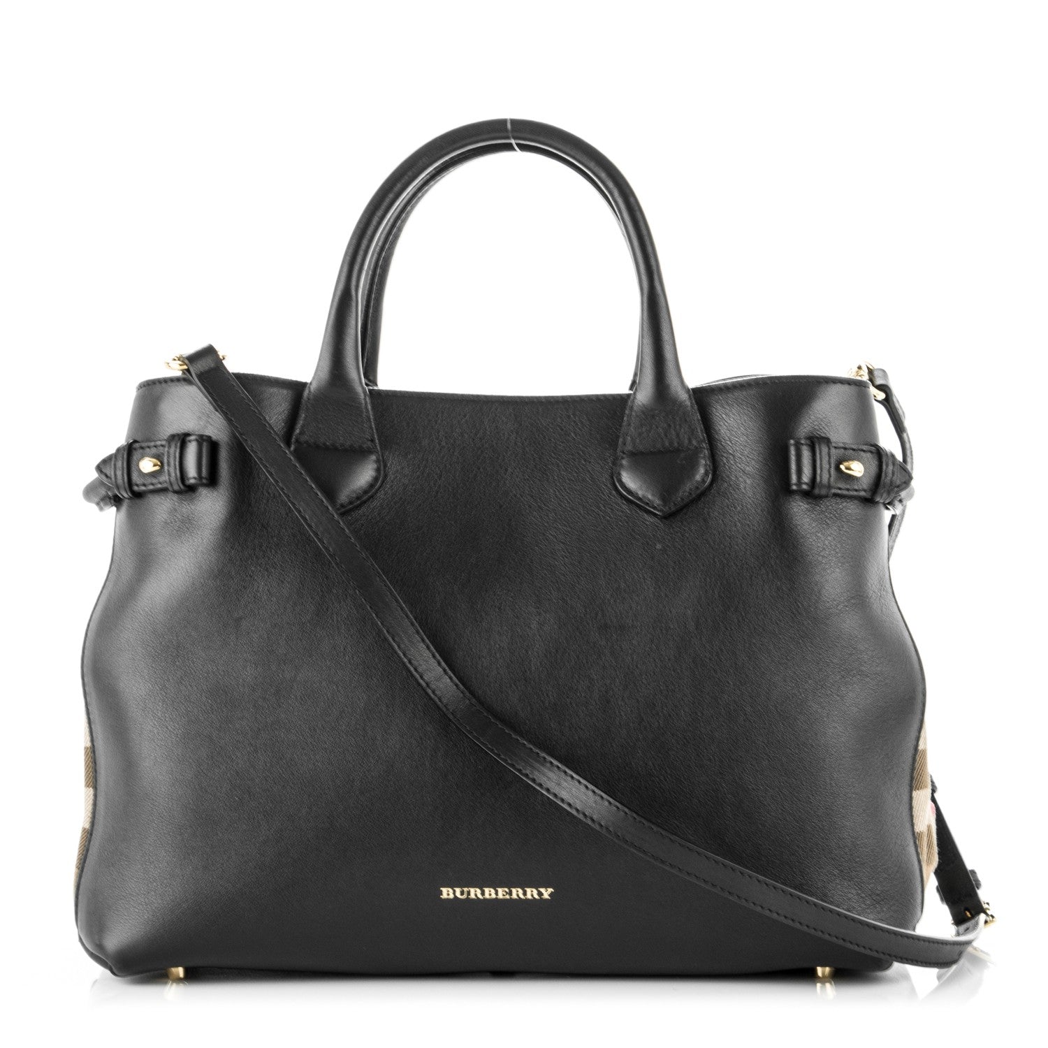 Burberry Calfskin House Check Medium Banner Tote Black 1 of 8