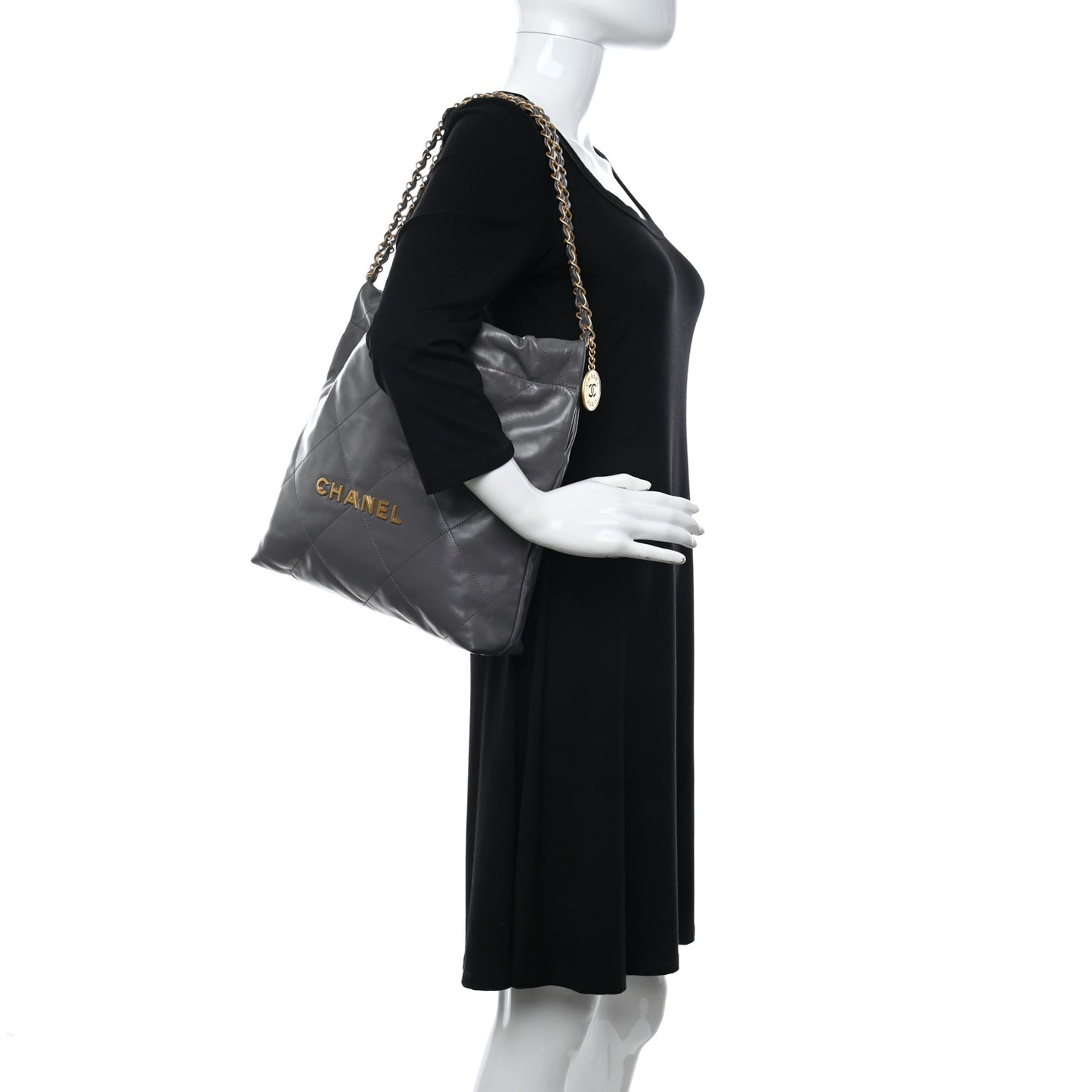 Shiny Calfskin Quilted Small Chanel 22 Grey