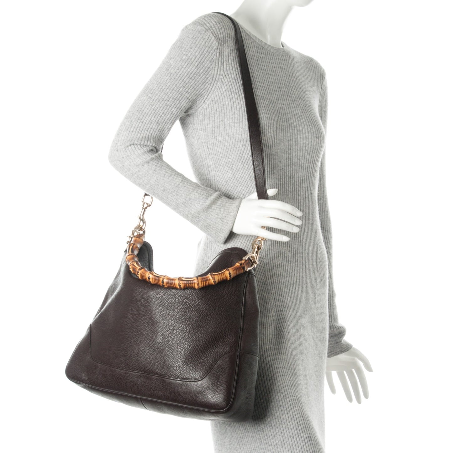 Pebbled Calfskin Medium Diana Bamboo Shoulder Bag Dark Brown