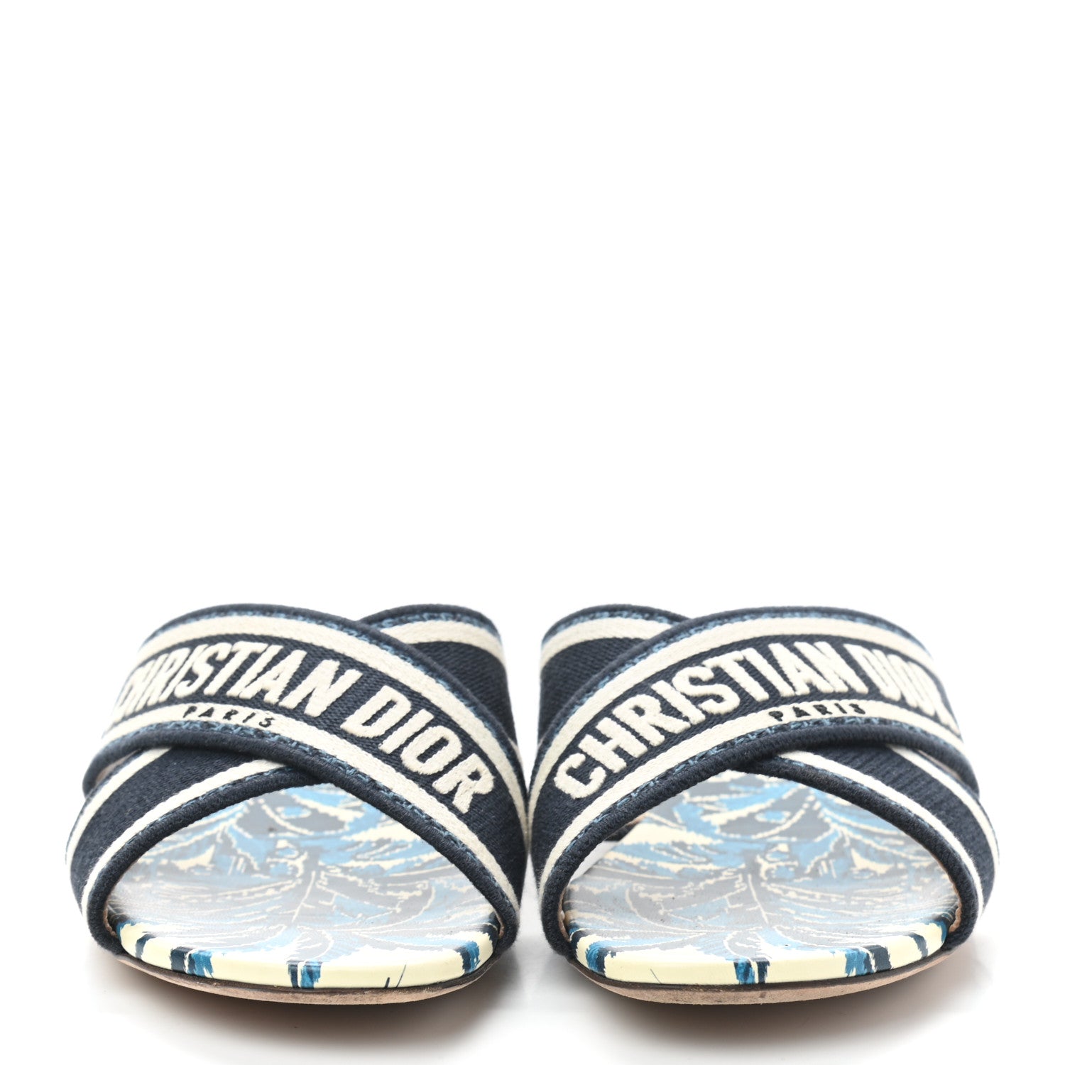 Christian Dior Canvas Palms Embroidered Dway Criss Cross Slide Sandals 38 Indigo Blue 3 of 9