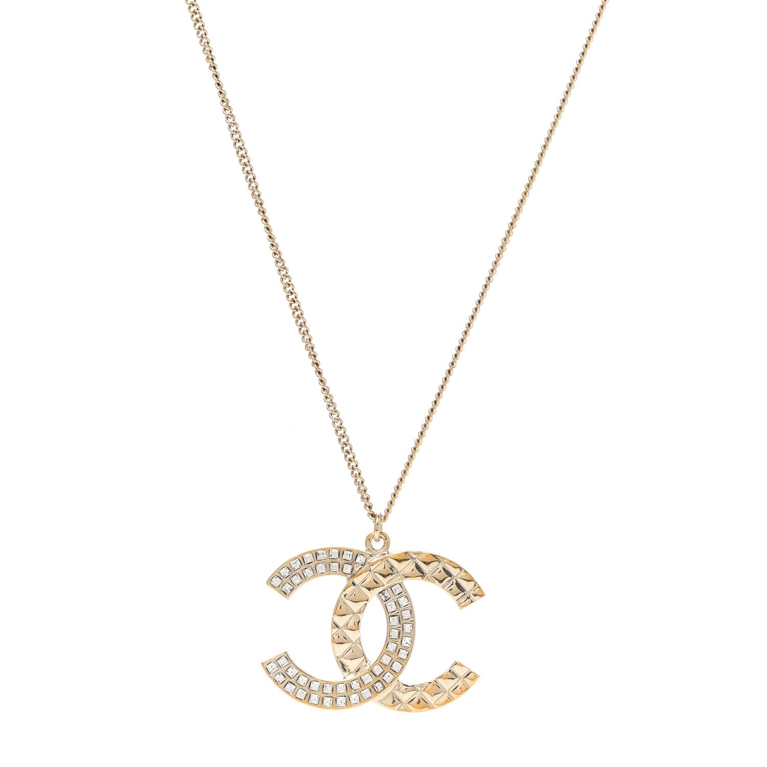 Chanel Baguette Crystal Quilted CC Pendant Necklace Gold 1 of 3