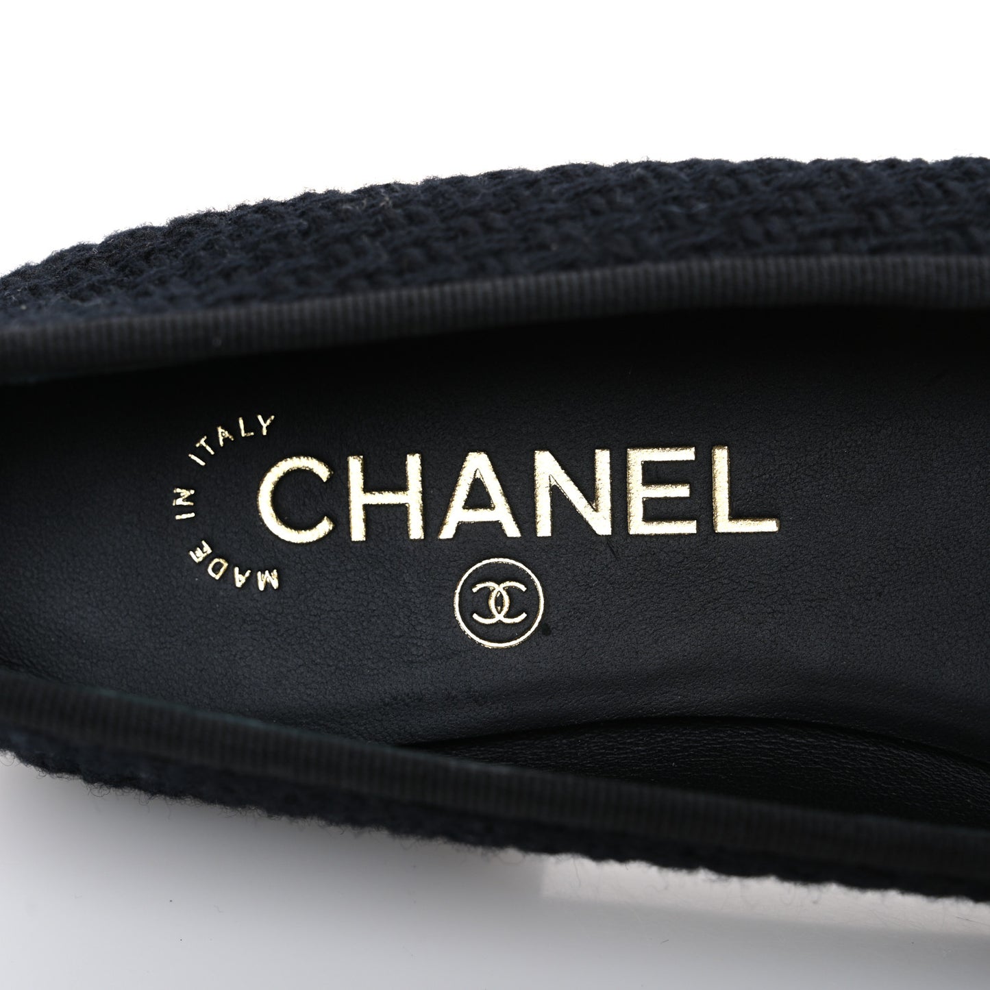 Wool Tweed Grosgrain Cap Toe CC Ballerina Flats 37.5 Black