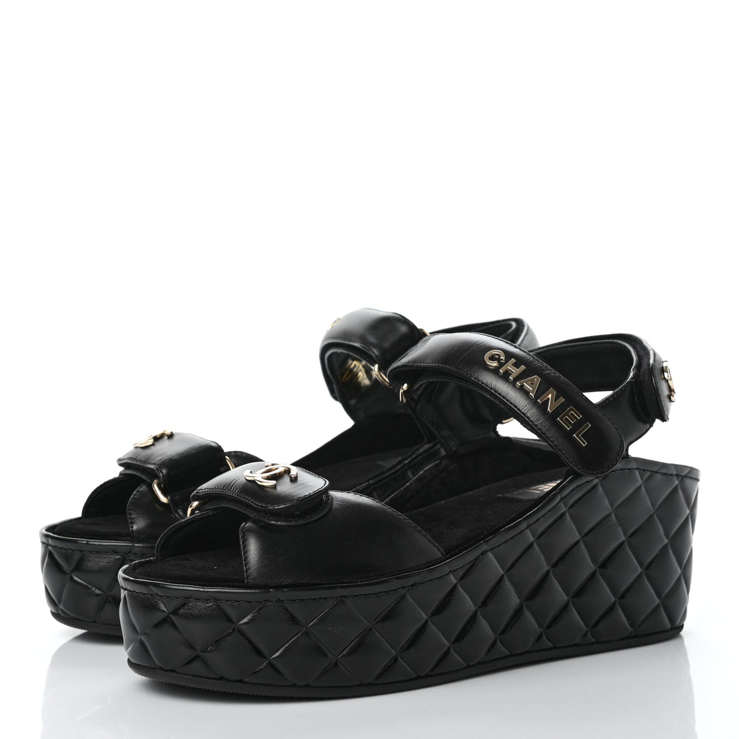 Shiny Calfskin Logo Platform Sandals 38 Black