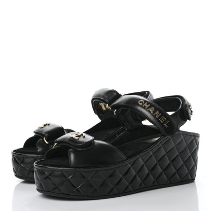 Chanel Shiny Calfskin Logo Platform Sandals 38 Black 3 of 10