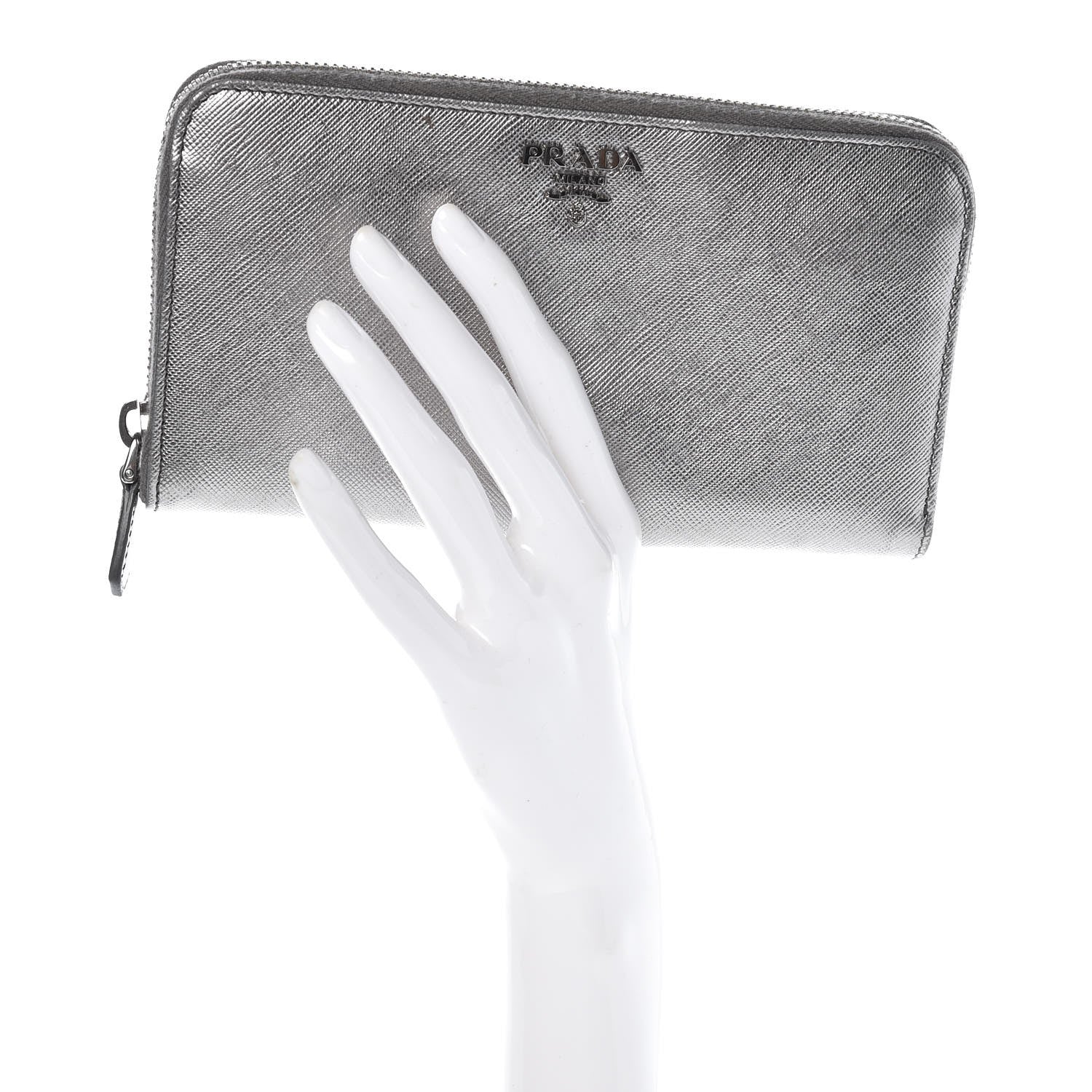 Prada Saffiano Metal Zip Around Wallet Argento 2 of 7