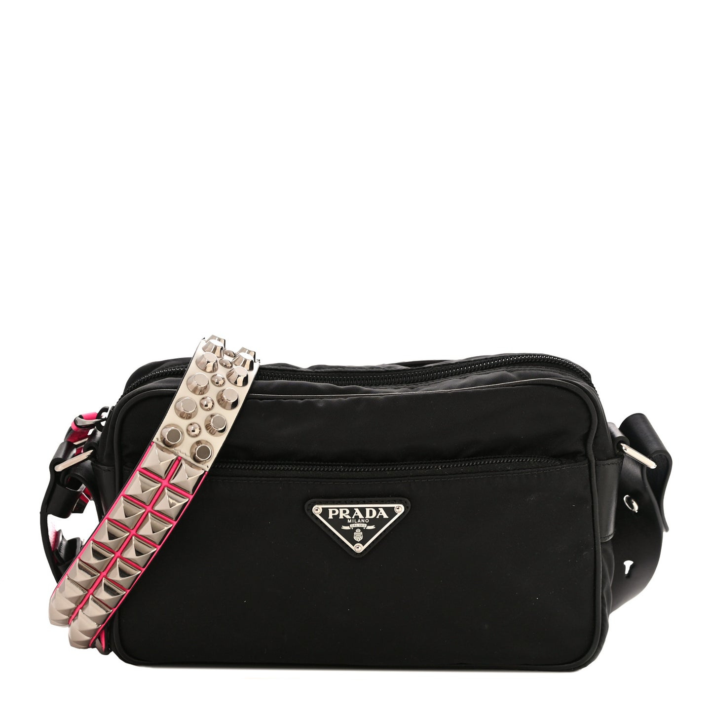 Tessuto Nylon Studded New Vela Shoulder Bag Black Neon Pink