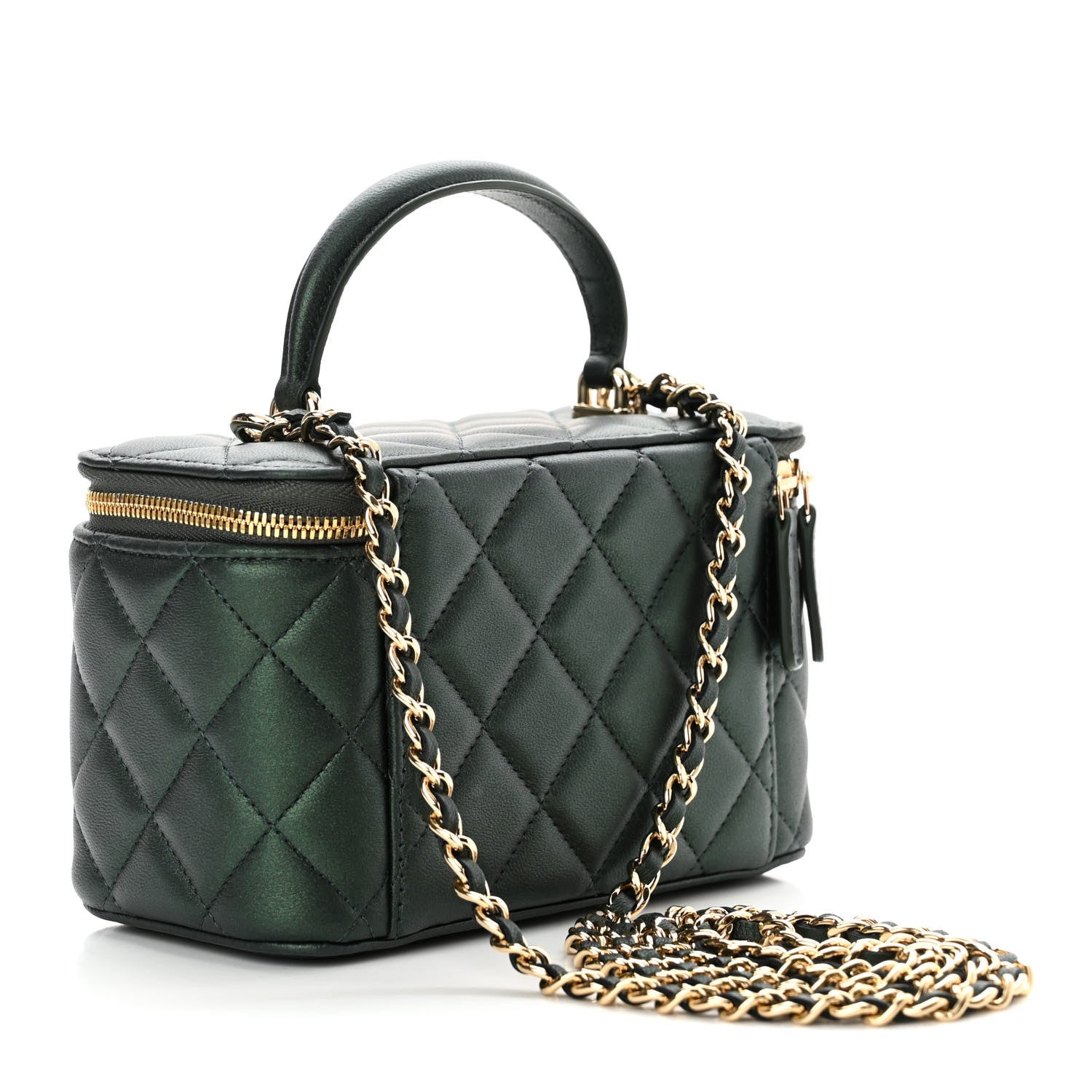 Chanel Iridescent Lambskin Quilted Small Top Handle Vanity Case With Chain Dark Green 3 of 11