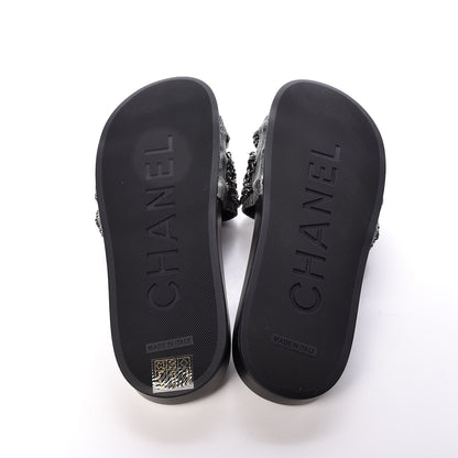 Chanel Fantasy Lambskin Pearl Chain CC Flat Mules 40 Silver Black 6 of 11