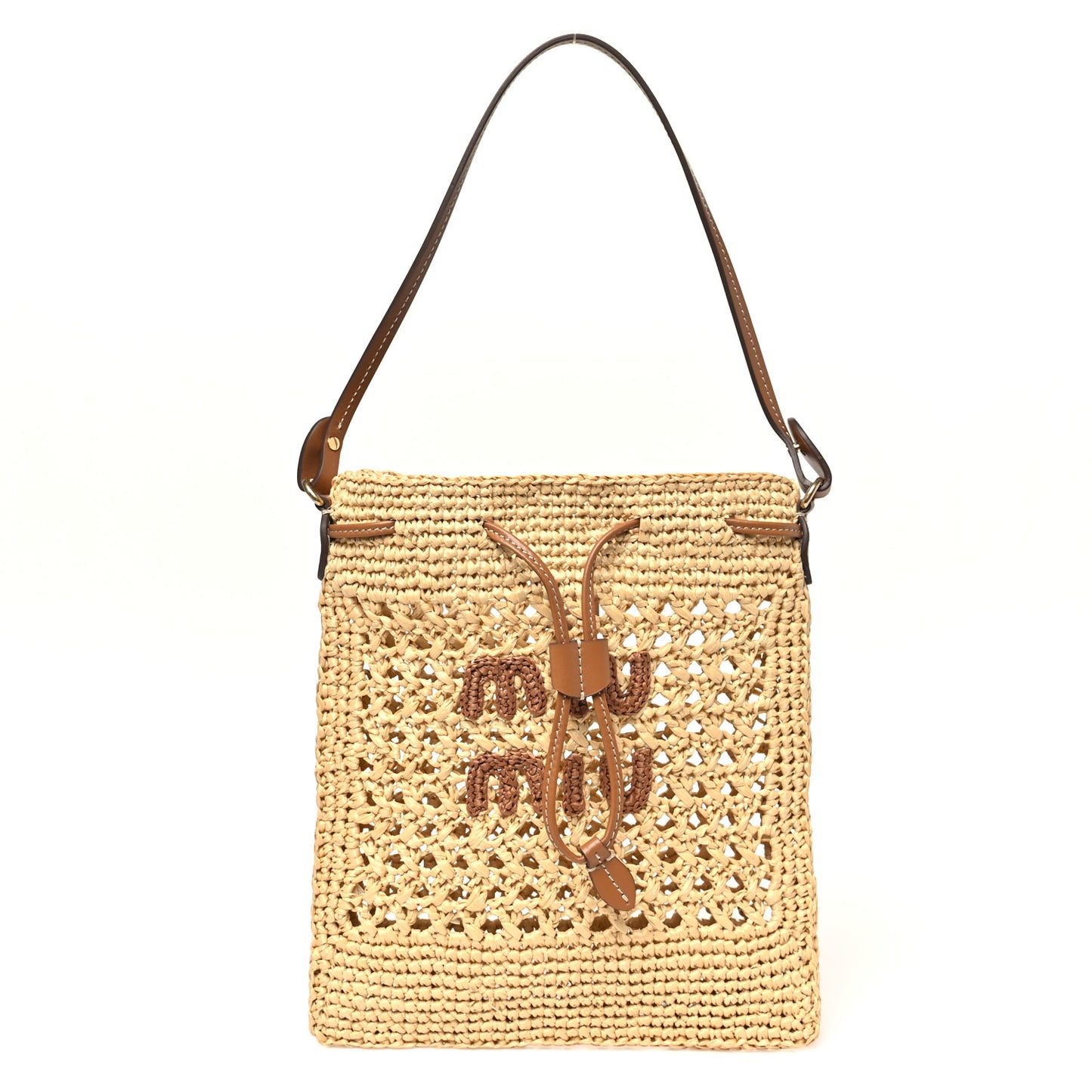 Raffia Crochet Drawstring Pouch Naturale Cognac