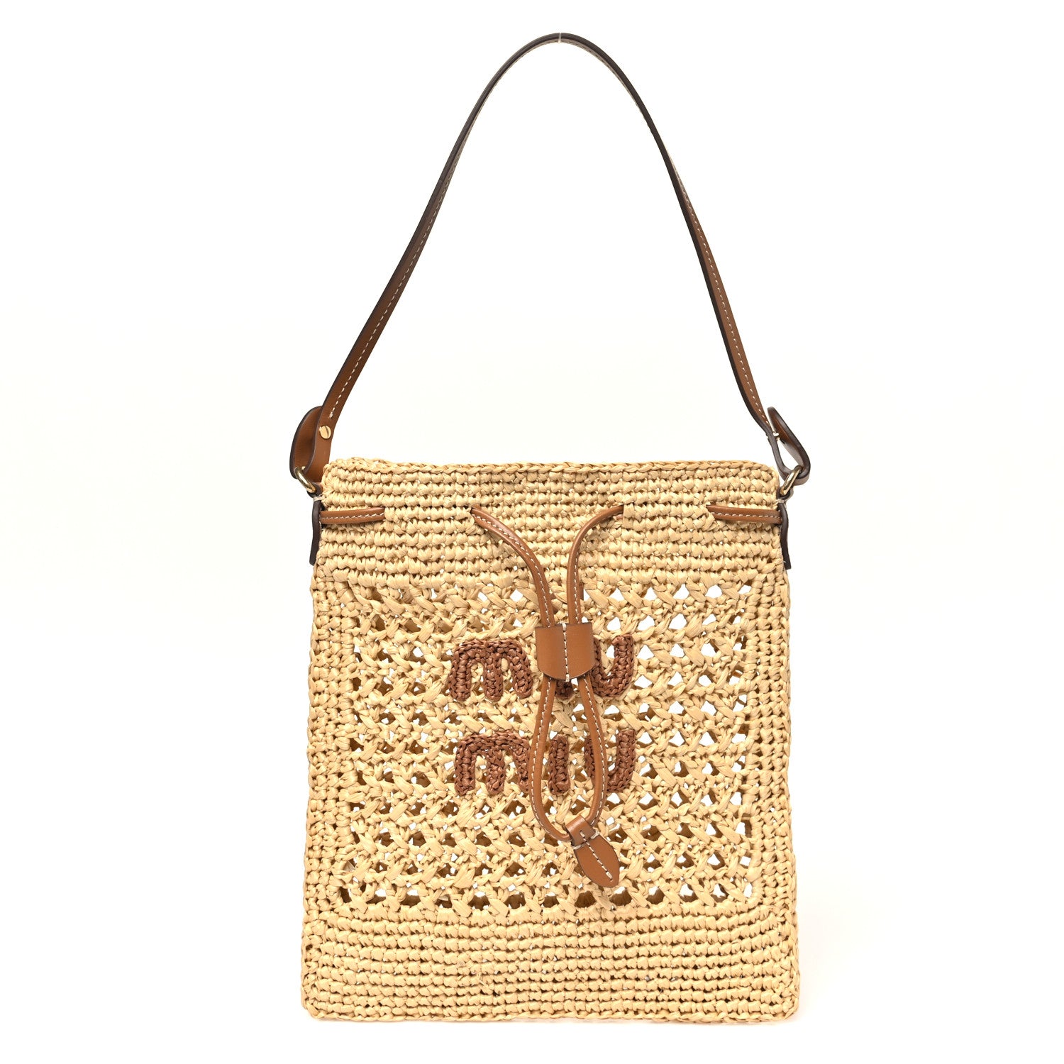 Miu Miu Raffia Crochet Drawstring Pouch Naturale Cognac 1 of 9