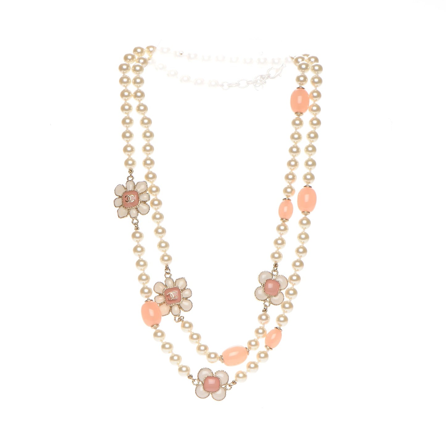 Pearl Gripoix Poured Glass CC Korean Blossom Long Necklace Pink Gold