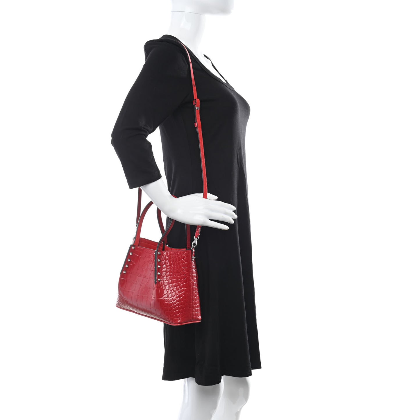Crocodile Embossed Calfskin Spiked Mini Cabarock Shopper Tote Red