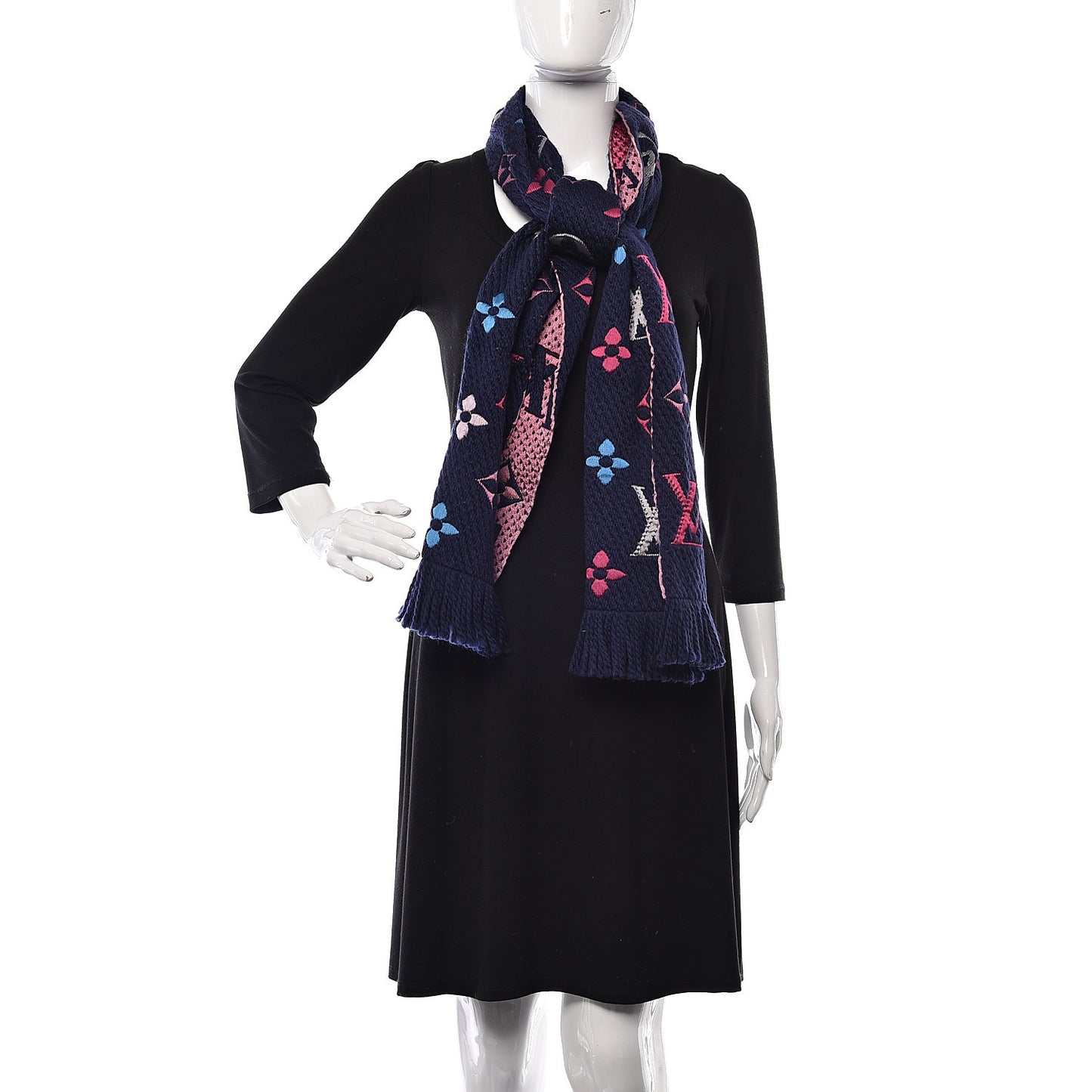Wool Silk Rainbow Logomania Scarf Navy
