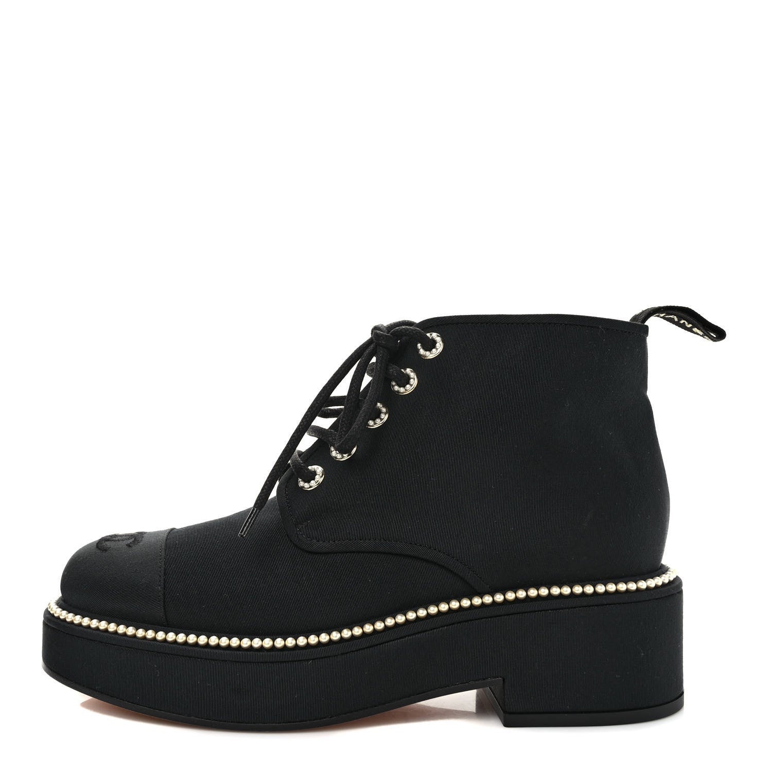 Chanel Grosgrain Pearl Lace Up CC Short Boots 40 Black 1 of 8