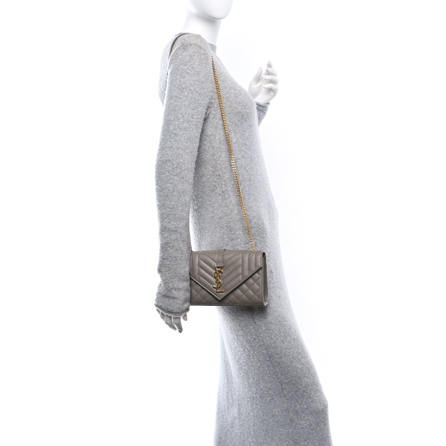 Saint Laurent Grain De Poudre Textured Mixed Matelasse Triquilt Small Monogram Satchel Greyish Brown 2 of 11