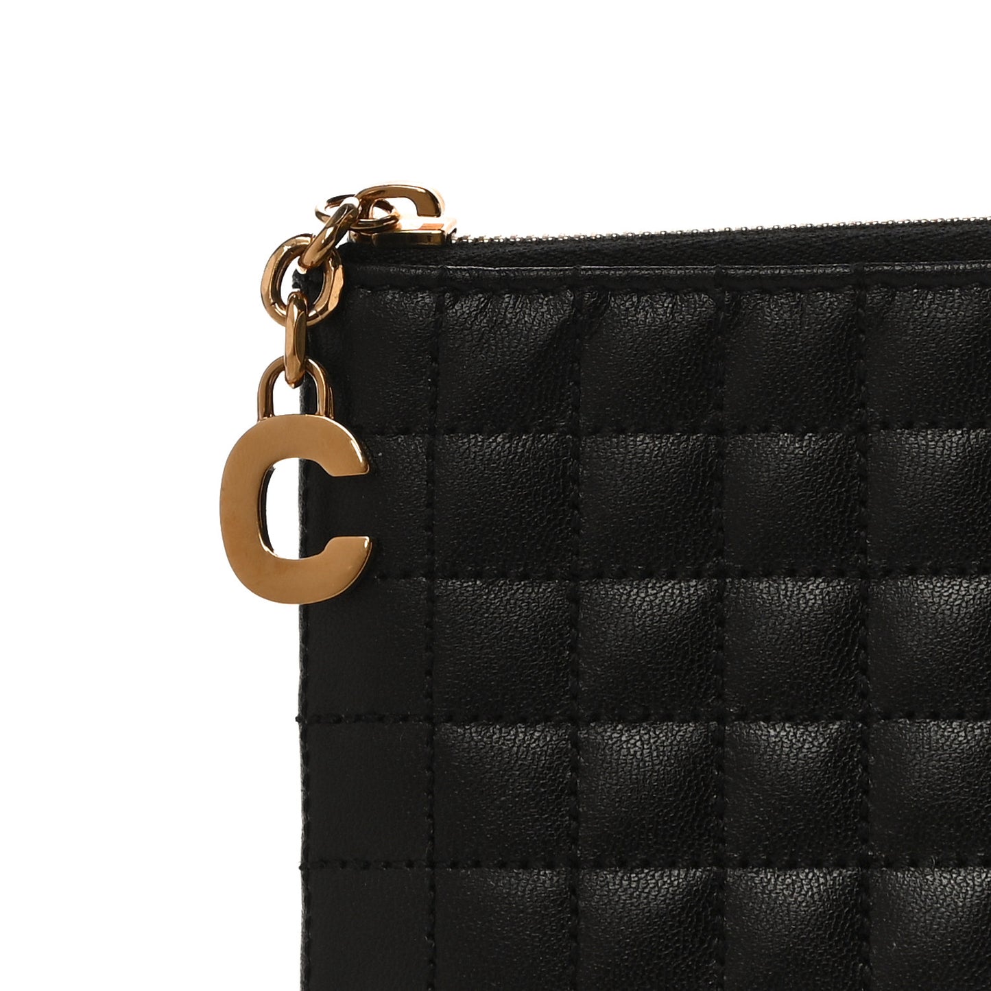 Calfskin Quilted C Charm Pouch Black
