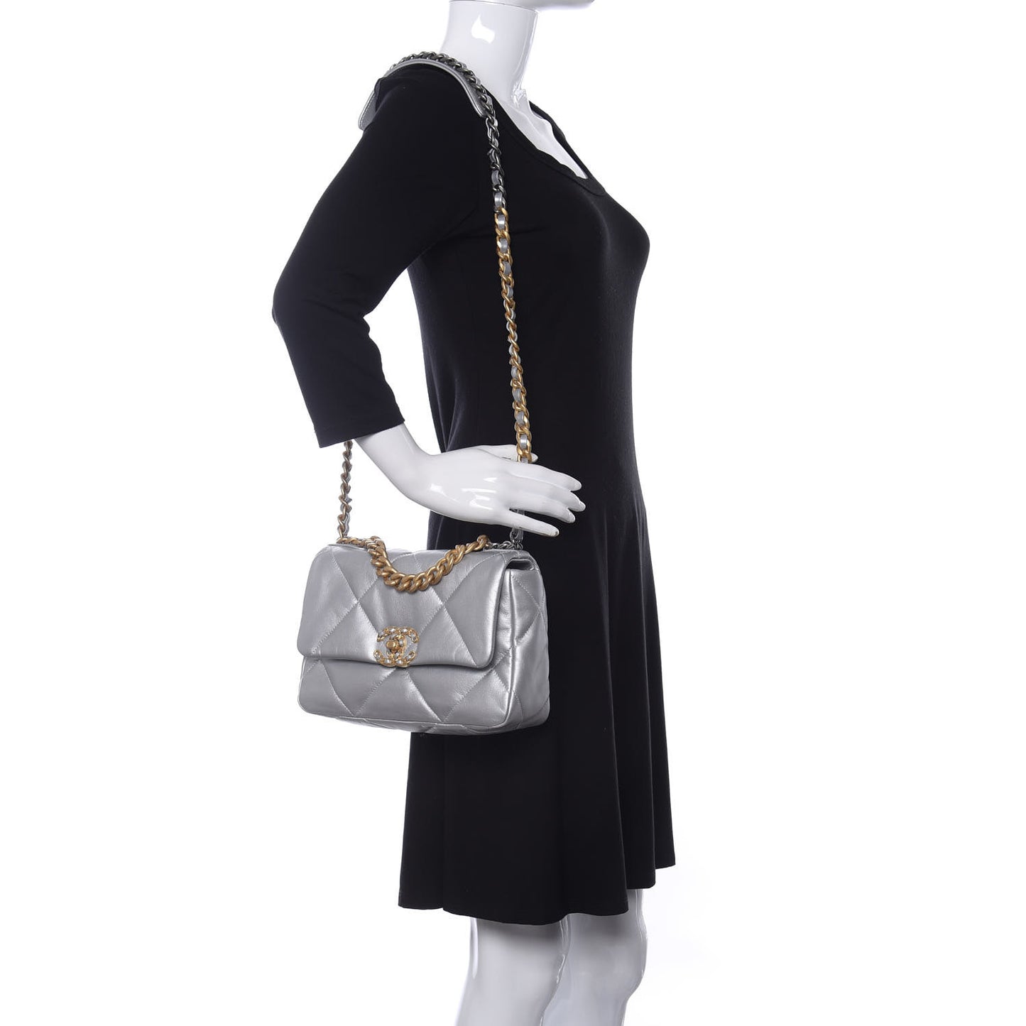 Metallic Lambskin Quilted Medium Chanel 19 Flap Silver