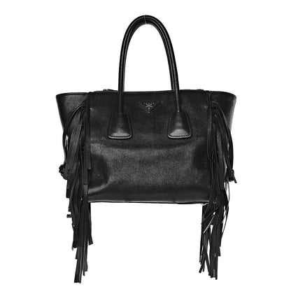 Prada Glace Calf Twin Pocket Fringe Tote Black 1 of 16