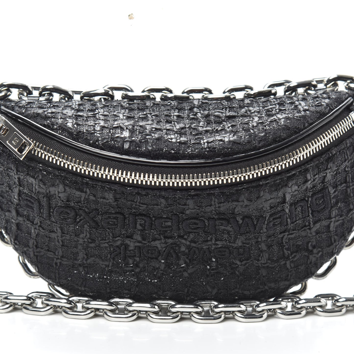 Patent Tweed Chain Embellished Attica Belt Bag Black
