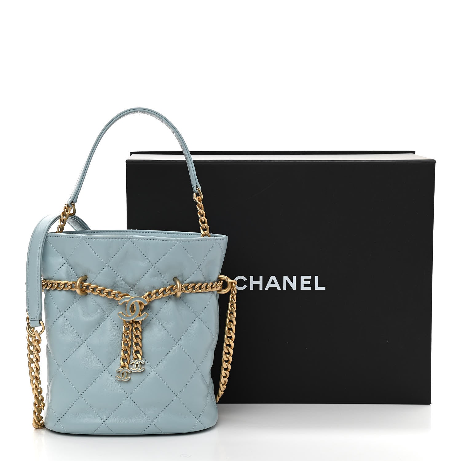 Chanel Lambskin Enamel Quilted Pending CC Mini Bucket Bag Light Blue 11 of 11
