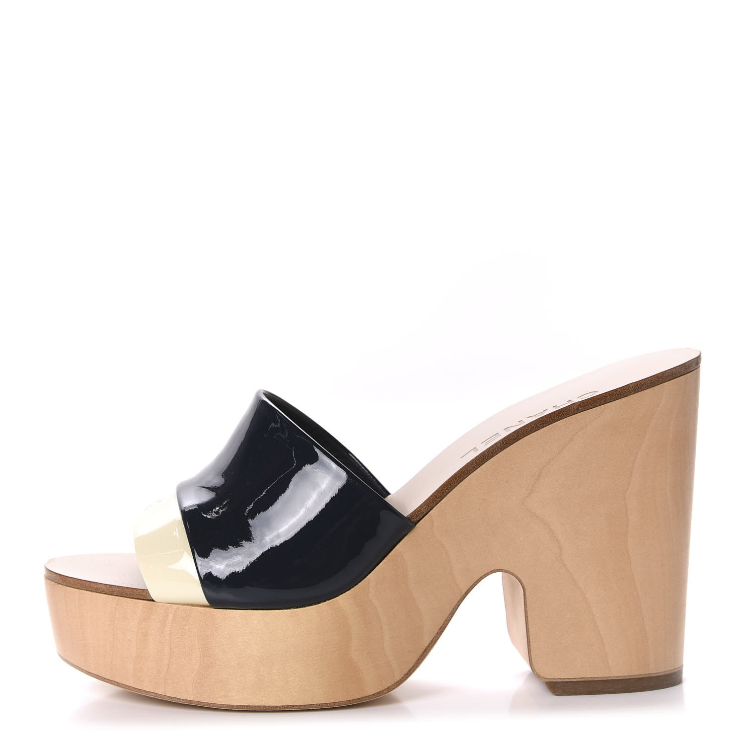 Chanel Patent Calfskin Wood CC Mules 39.5 Black Ivory 1 of 10