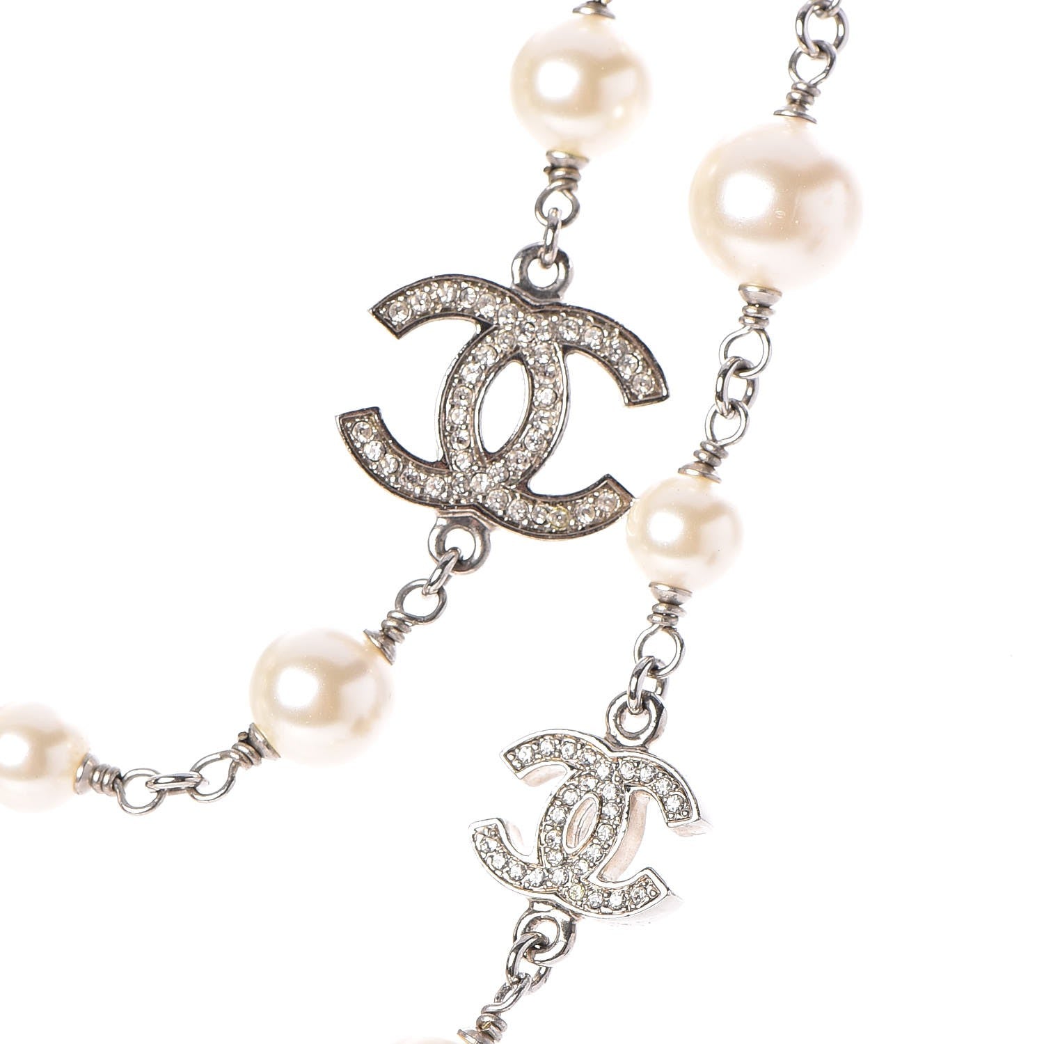 Chanel Crystal Pearl CC Long Necklace Silver 4 of 7