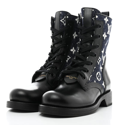Louis Vuitton Denim Calfskin Monogram Metropolis Flat Ranger Boot 37 Navy Blue 3 of 9