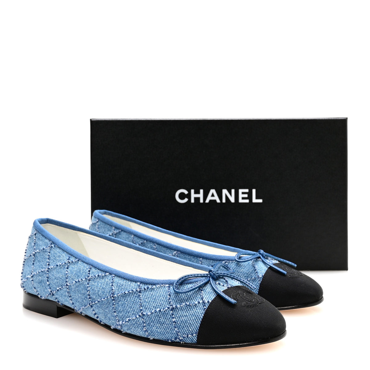 Chanel Denim Embroidered Grosgrain CC Cap Toe Ballerina Flats 38.5 Blue Black 9 of 9