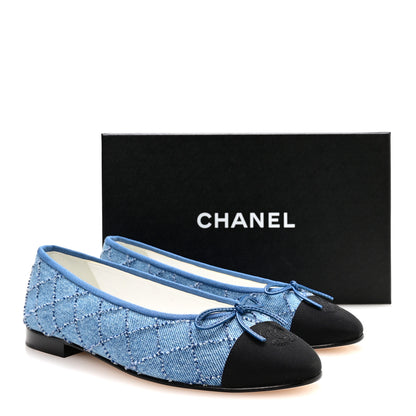 Chanel Denim Embroidered Grosgrain CC Cap Toe Ballerina Flats 38.5 Blue Black 9 of 9