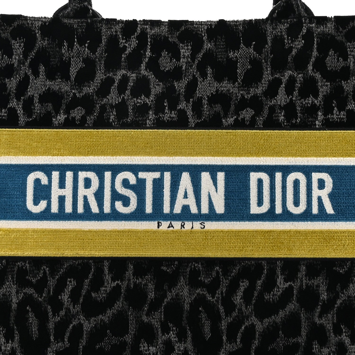 Christian Dior Velvet Mizza Embroidered Medium Leopard Book Tote Black Yellow Blue 5 of 10
