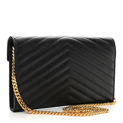 Saint Laurent Grain De Poudre Matelasse Chevron Monogram Chain Wallet Black 3 of 12