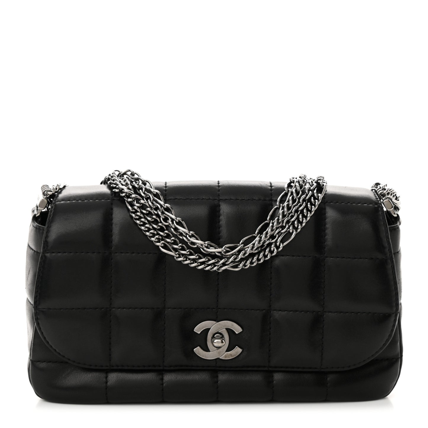 Lambskin Chocolate Bar Quilted Lambskin 5 Chain Flap Black