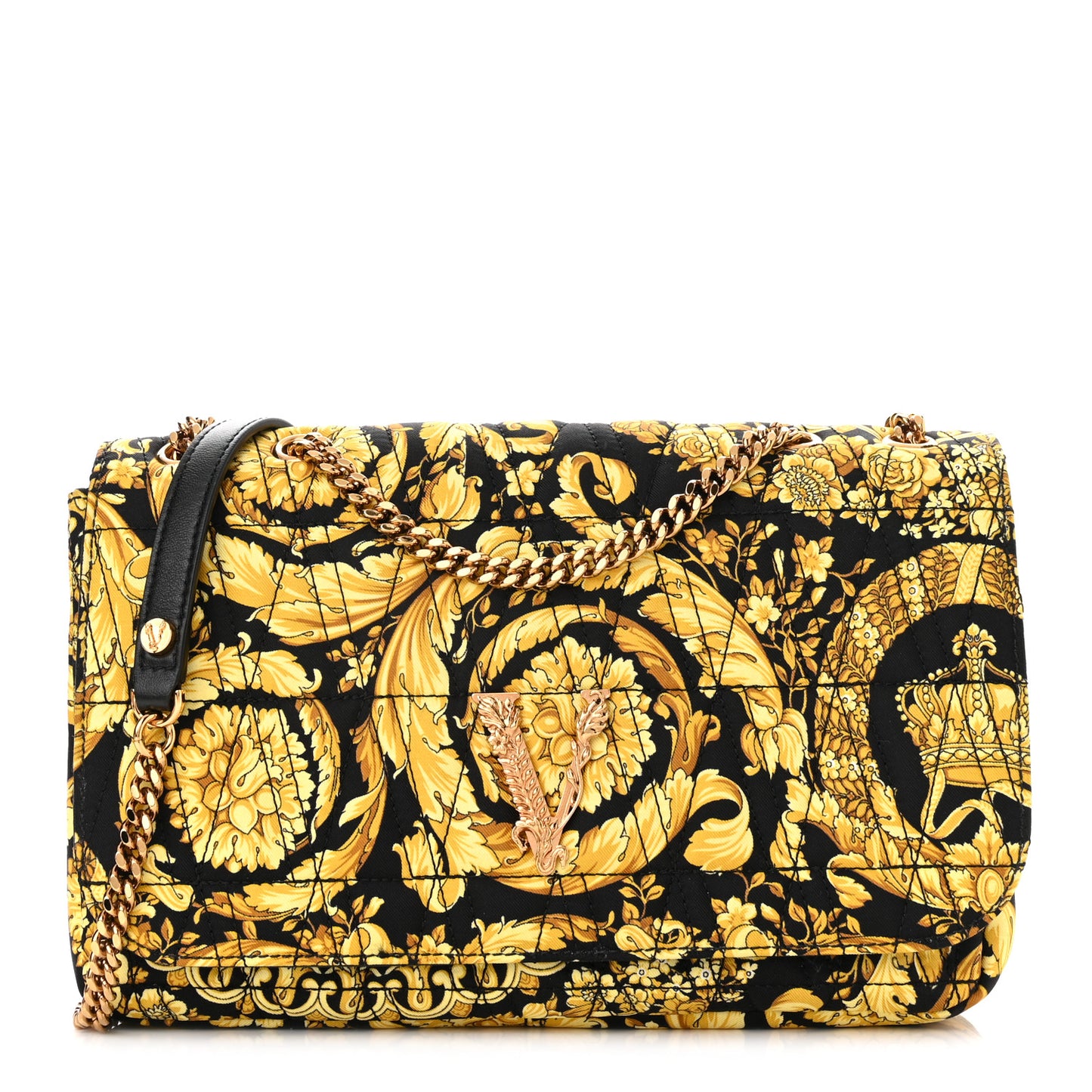 Silk Barocco Printed Quilted Virtus V Chain Flap Shoulder Bag Black Gold