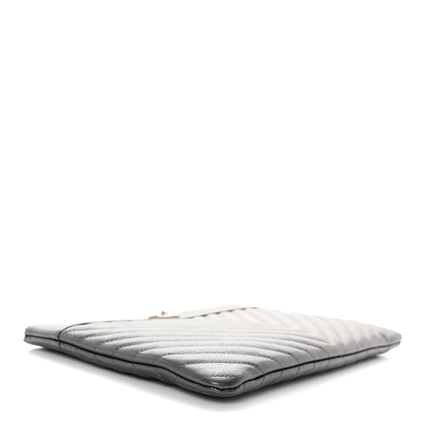 Metallic Sheepskin Chevron Quilted Mademoiselle Vintage Large Zip Pouch Dark Grey