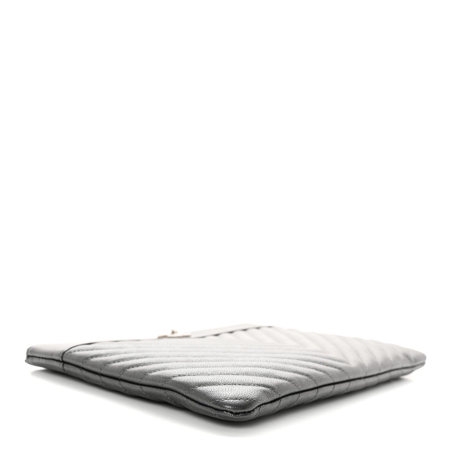 Chanel Metallic Sheepskin Chevron Quilted Mademoiselle Vintage Large Zip Pouch Dark Grey 4 of 10