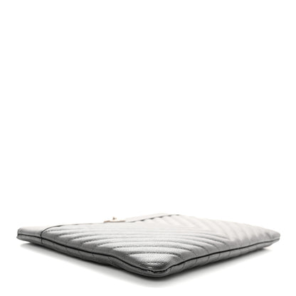 Chanel Metallic Sheepskin Chevron Quilted Mademoiselle Vintage Large Zip Pouch Dark Grey 4 of 10