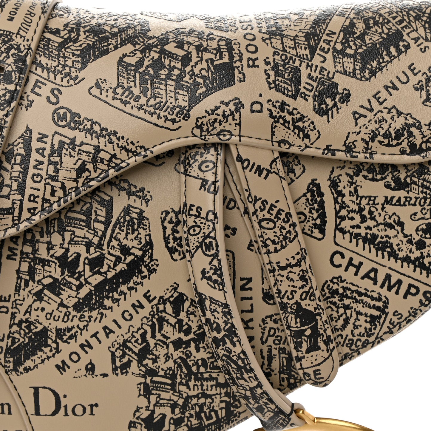 Calfskin Plan De Paris Printed Saddle Bag With Strap Beige Black