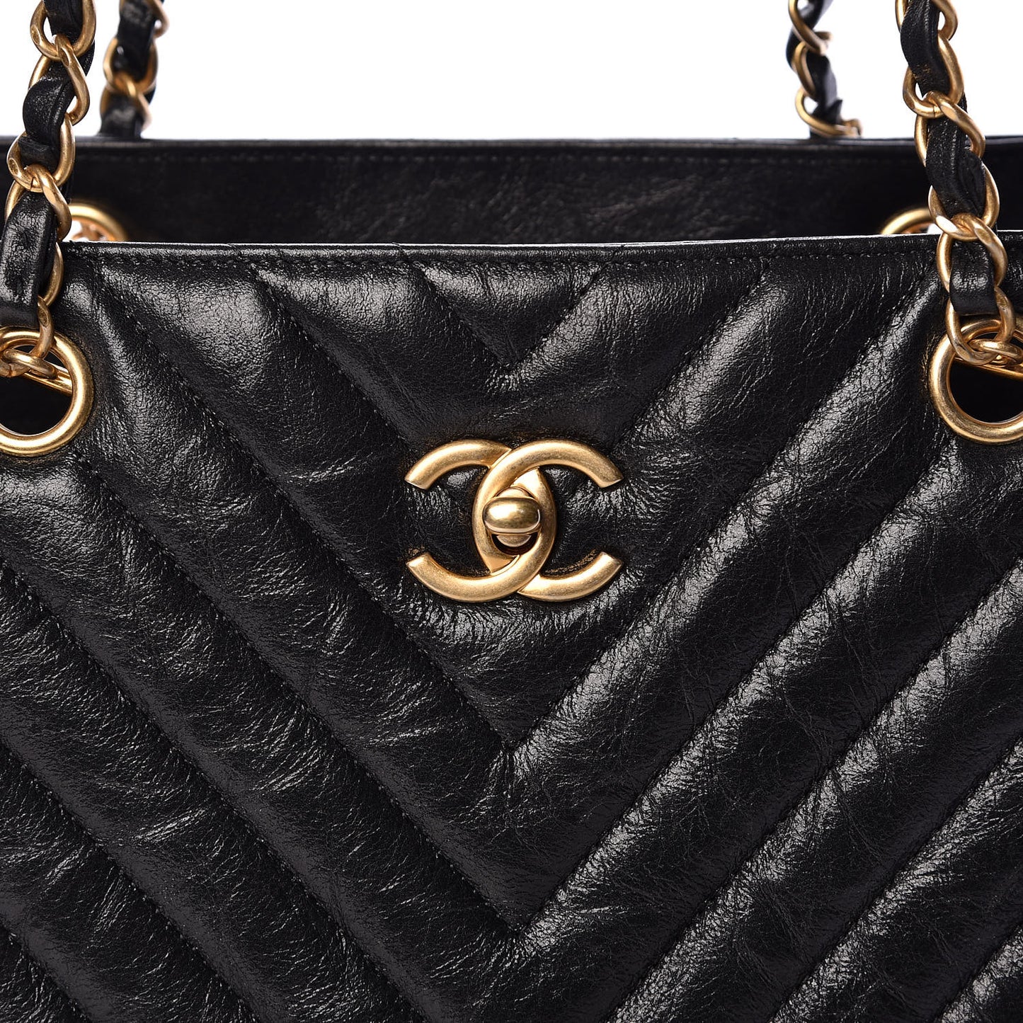 Iridescent Calfskin Chevron Quilted Shopping Tote Black