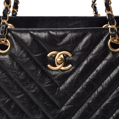 Chanel Iridescent Calfskin Chevron Quilted Shopping Tote Black 10 of 10
