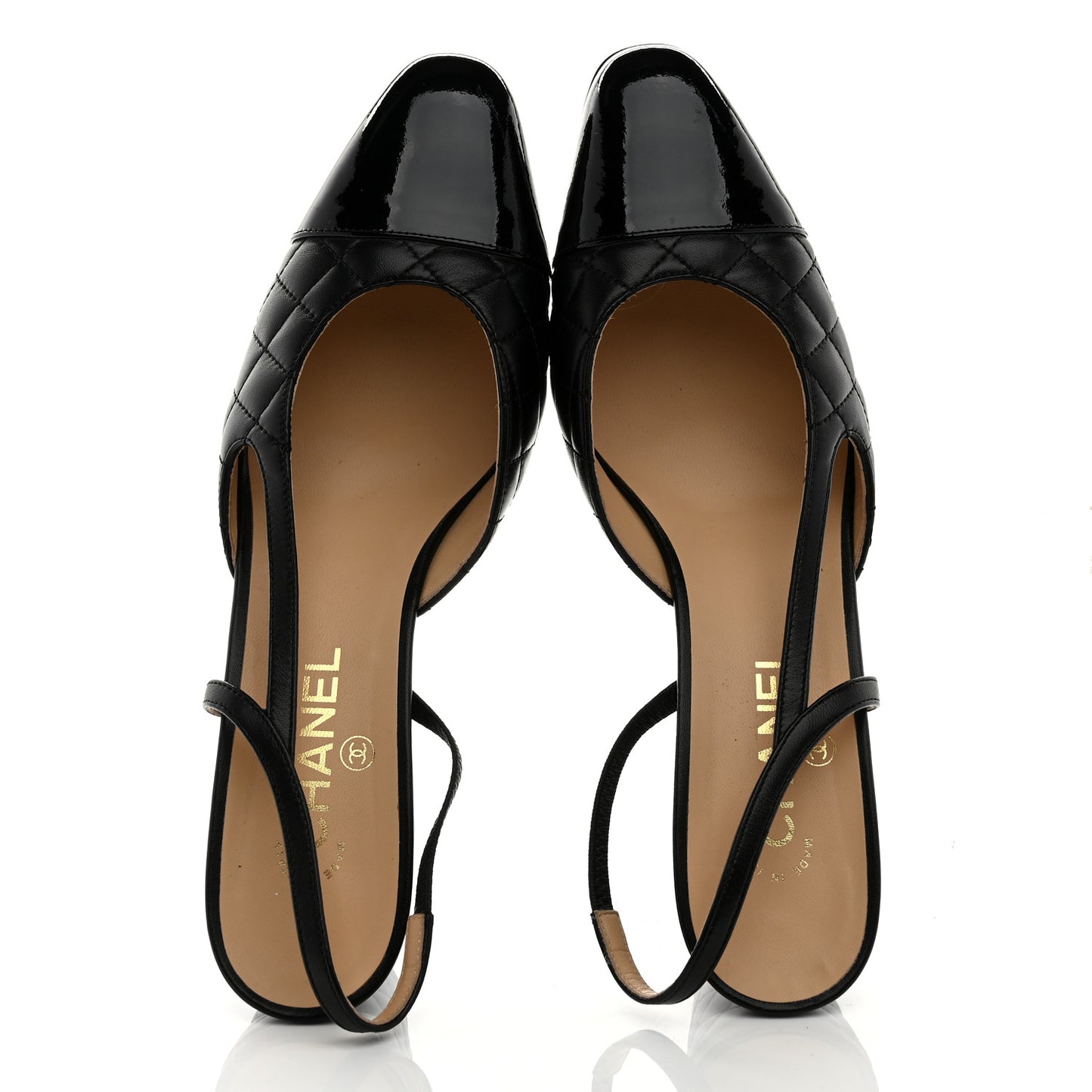 Lambskin Patent Calfskin Quilted Cap Toe CC Slingback Pumps 41 Black