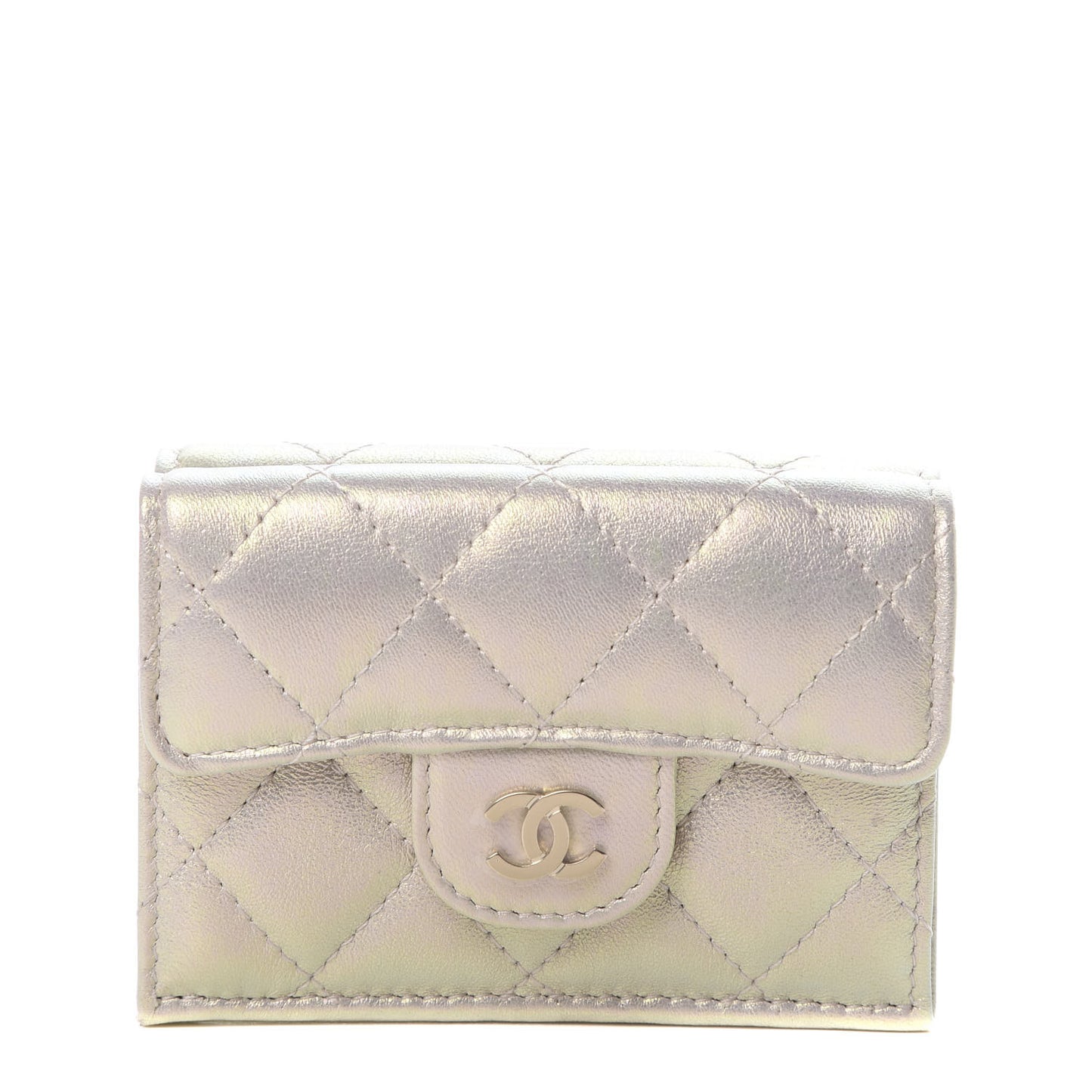 Iridescent Lambskin Quilted Double Flap Wallet Ivory
