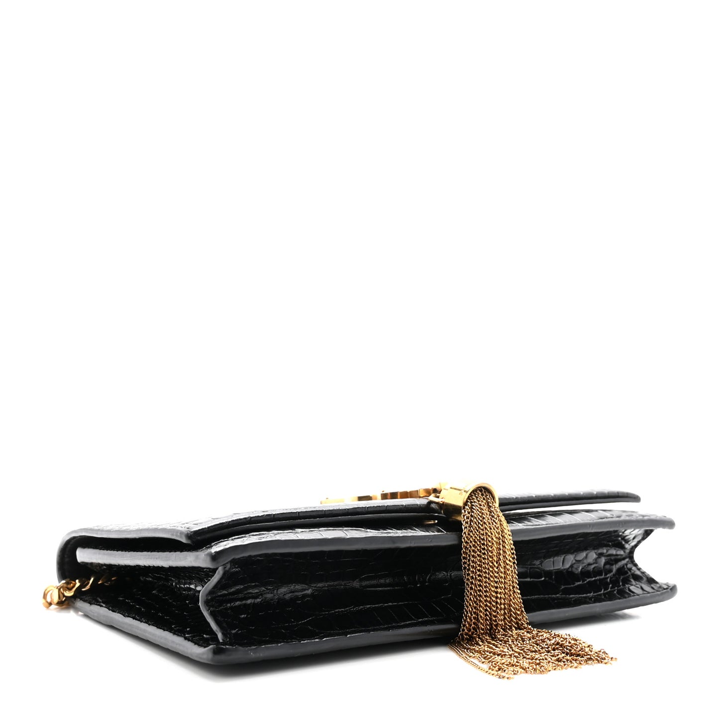 Calfskin Crocodile Embossed Kate Monogram Tassel Chain Wallet Black