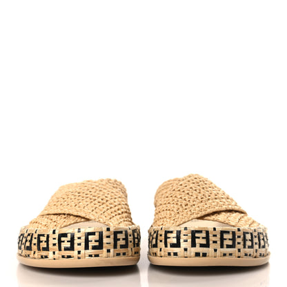 Fendi Raffia FF Woven Reflections Crisscross Slide Sandals 37 Naturale Black 2 of 7