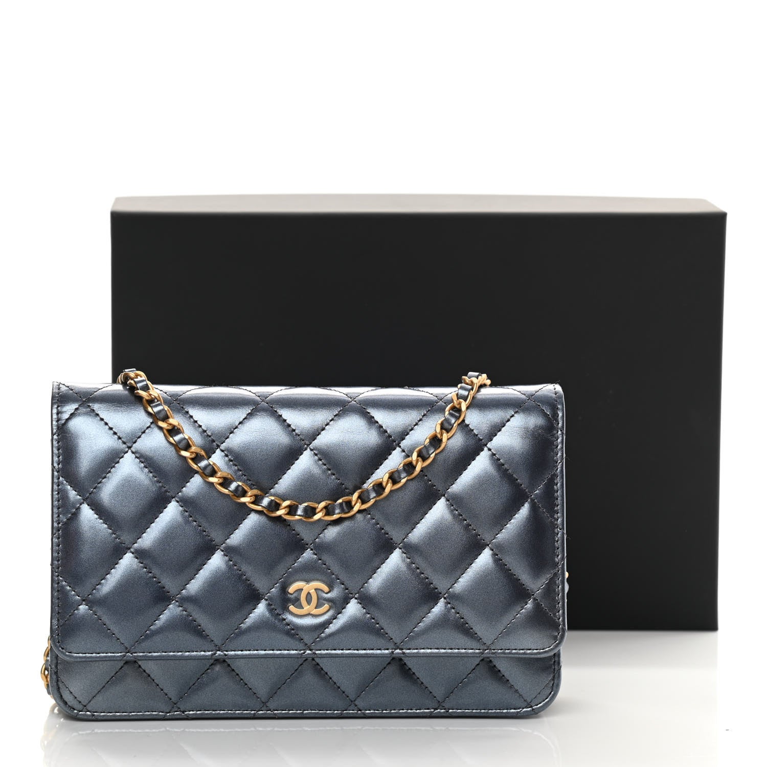 Chanel Metallic Lambskin Wallet On Chain WOC Blue 14 of 14